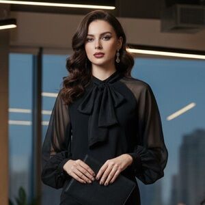 Libian‎ Elegant Black Blouse with Sheer Sleeves